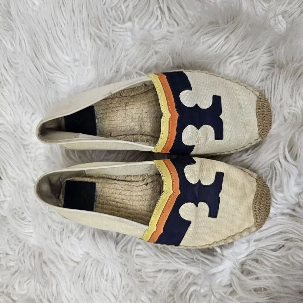 Tory Burch Laguna Palm Espadrilles Flats Shoes Women’s Cream Navy Canvas Logo 7